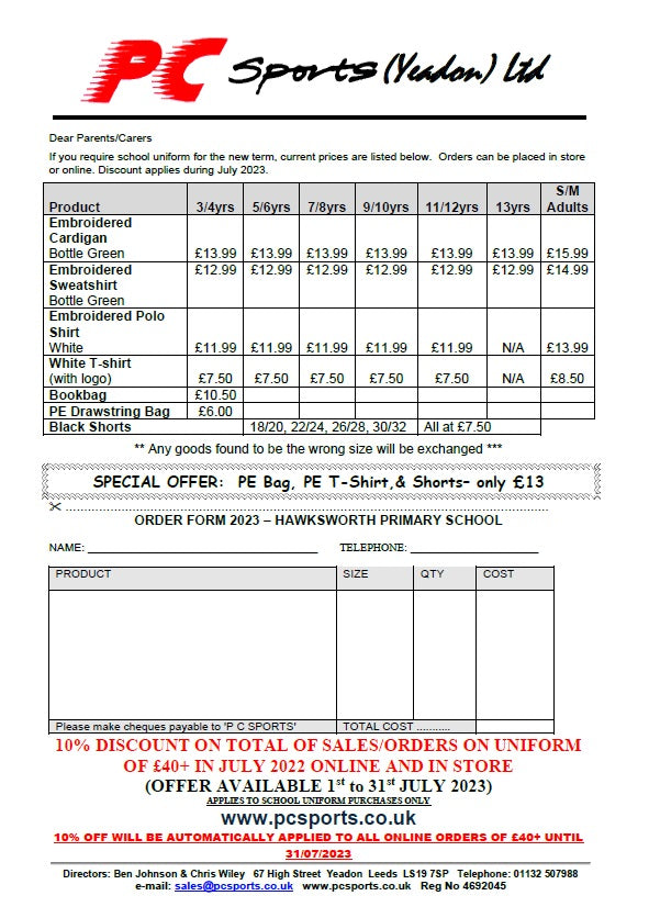 Hawksworth Primary School Pricelist 2023 (TO VIEW ONLY)
