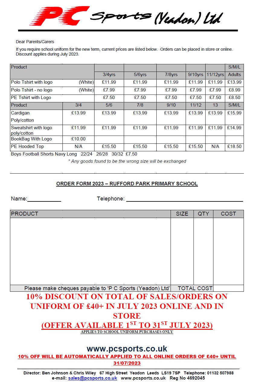 Rufford Park Primary Pricelist 2023 (TO VIEW ONLY)