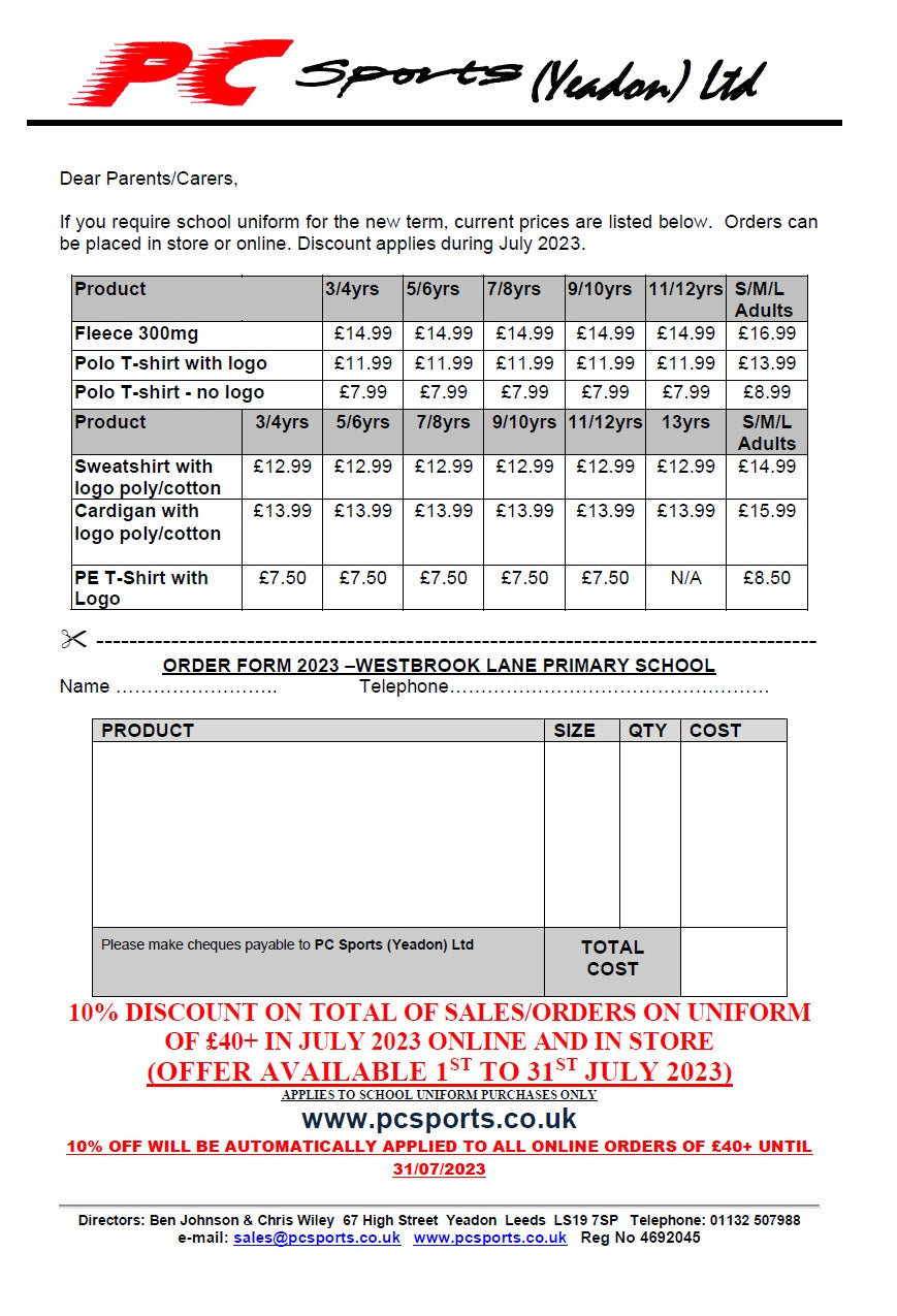 Westbrook Lane Primary Pricelist 2023 (TO VIEW ONLY)