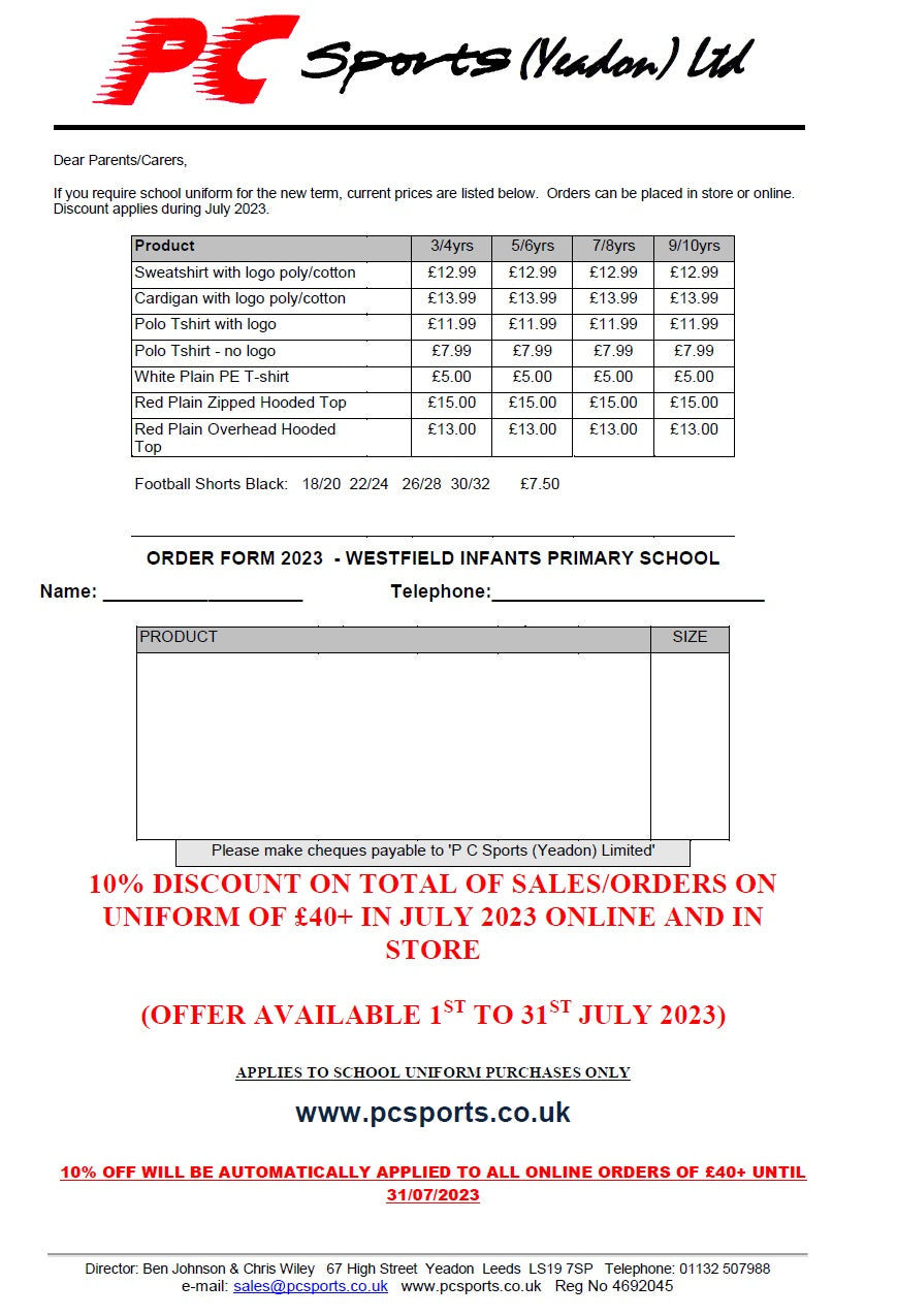 Westfield Infants Pricelist 2023 (TO VIEW ONLY)