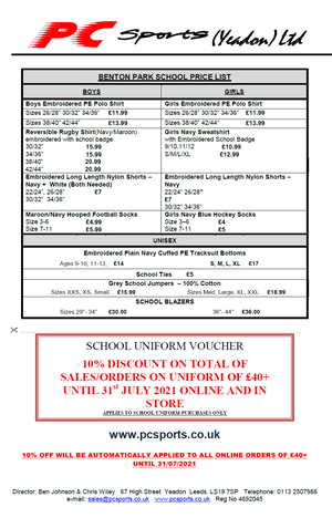 Benton Park Price List