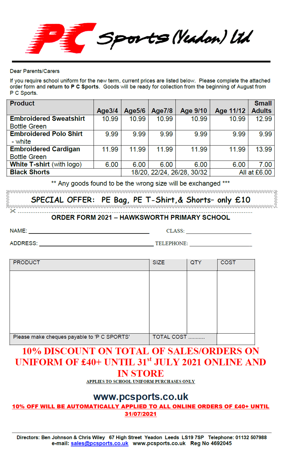 Hawksworth Primary School Price List