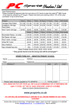 Menston Primary School Price List