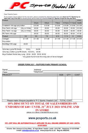 Rufford Park Price List