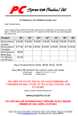 St Oswald's Primary Price List