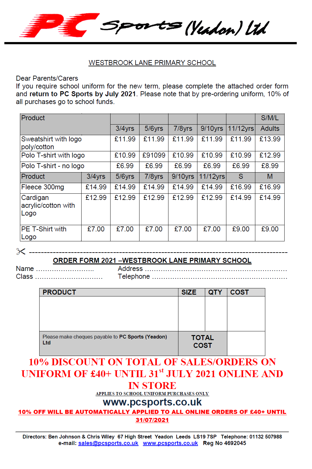 Westbrook Lane Primary Price List